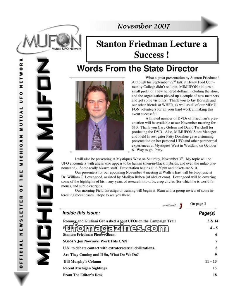 Cover of Mutual UFO Network issue November 2007: MICHIGAN MUFON