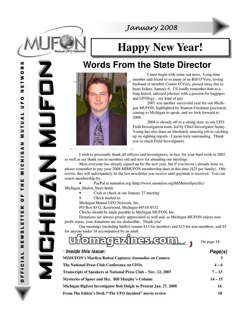 Cover of Michigan Mutual UFO Network, Inc. issue January 2008: MICHIGAN MUFON