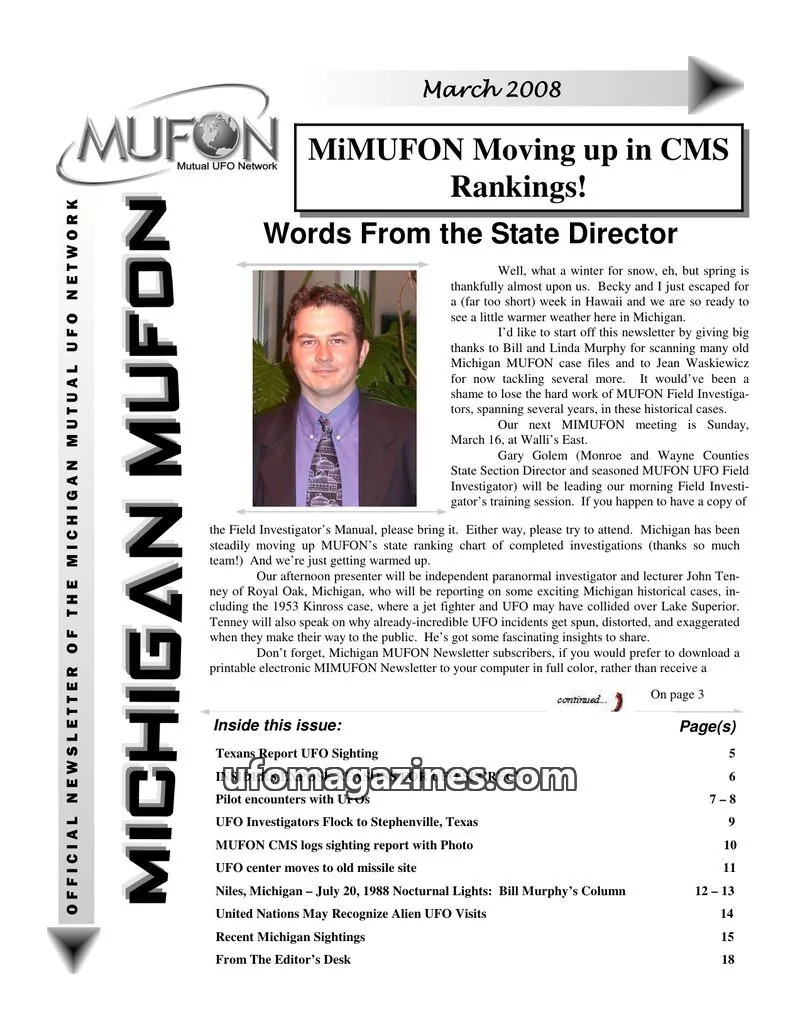 Cover of Michigan Mutual UFO Network issue March 2008: MIMUFON