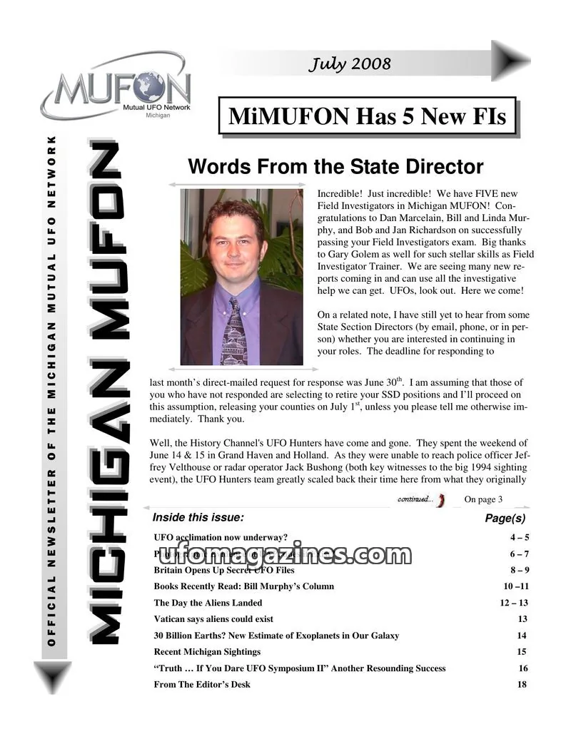 Cover of MUFON Michigan (Newsletter) issue July 2008: MICHIGAN MUFON NEWSLETTER