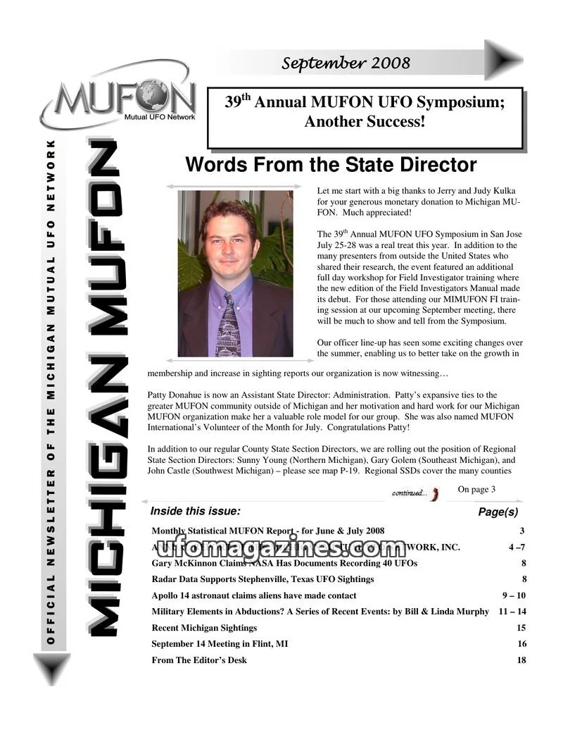 Cover of Michigan Mutual UFO Network issue September 2008: MICHIGAN MUFON NEWSLETTER