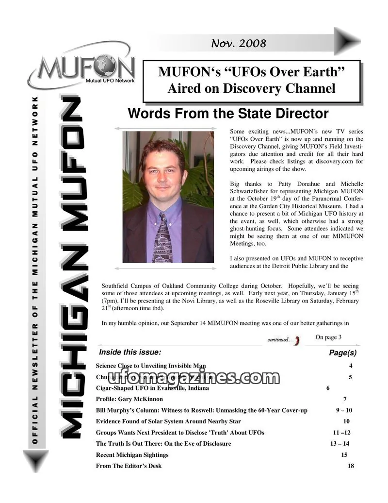 Cover of MUFON Michigan (Newsletter) issue November 2008: MICHIGAN MUFON