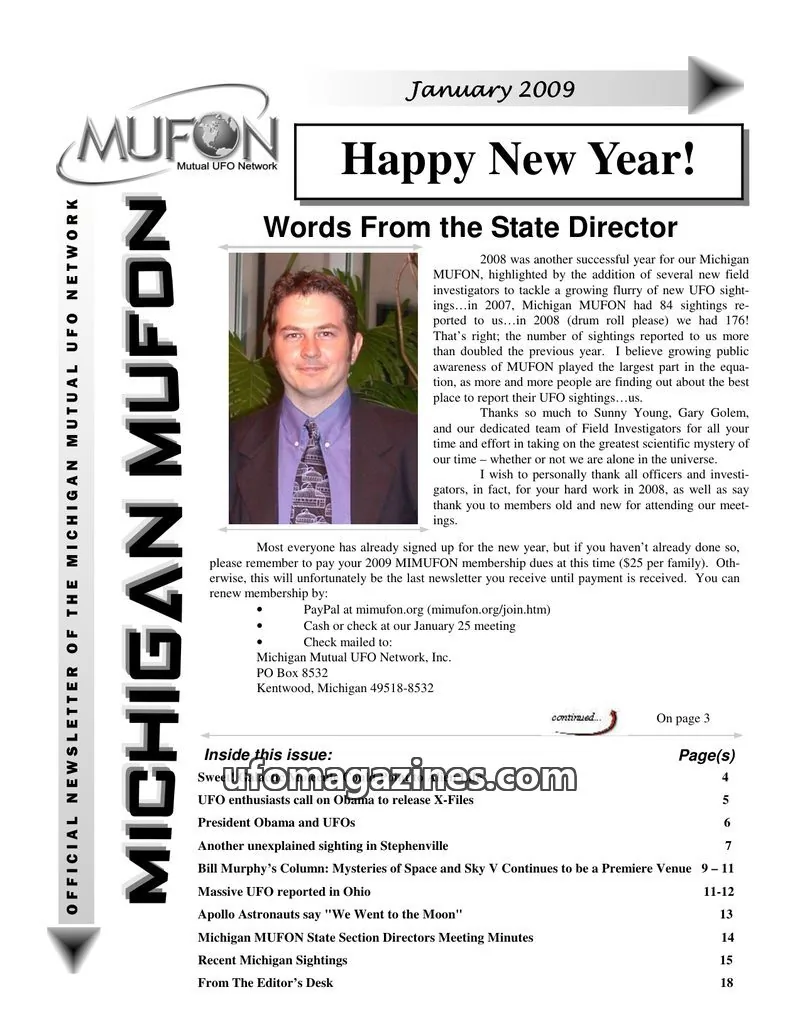 Cover of Michigan Mutual UFO Network, Inc. issue January 2009: MICHIGAN MUFON