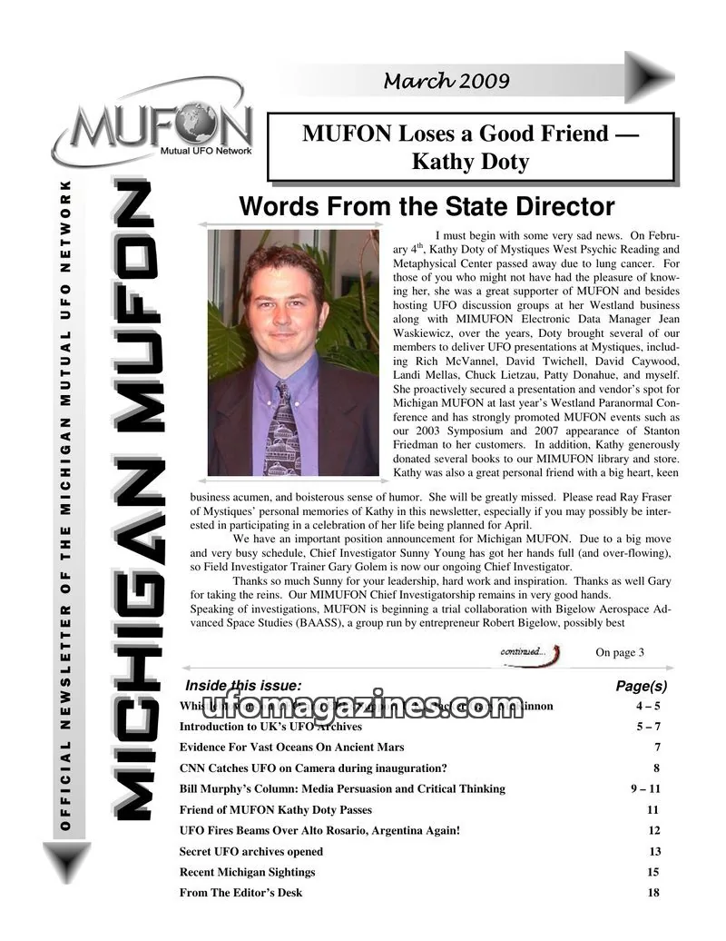 Cover of MUFON Michigan (Newsletter) issue March 2009: MICHIGAN MUFON