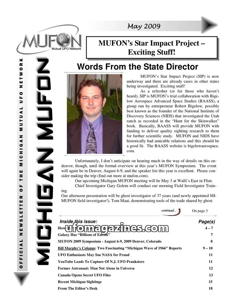 Cover of Michigan Mutual UFO Network issue May 2009: MICHIGAN MUFON