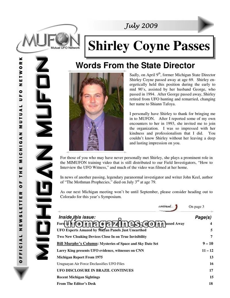 Cover of MUFON Michigan (Newsletter) issue July 2009: MICHIGAN MUFON NEWSLETTER