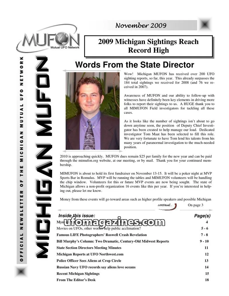 Cover of MUFON Michigan (Newsletter) issue November 2009: MICHIGAN MUFON