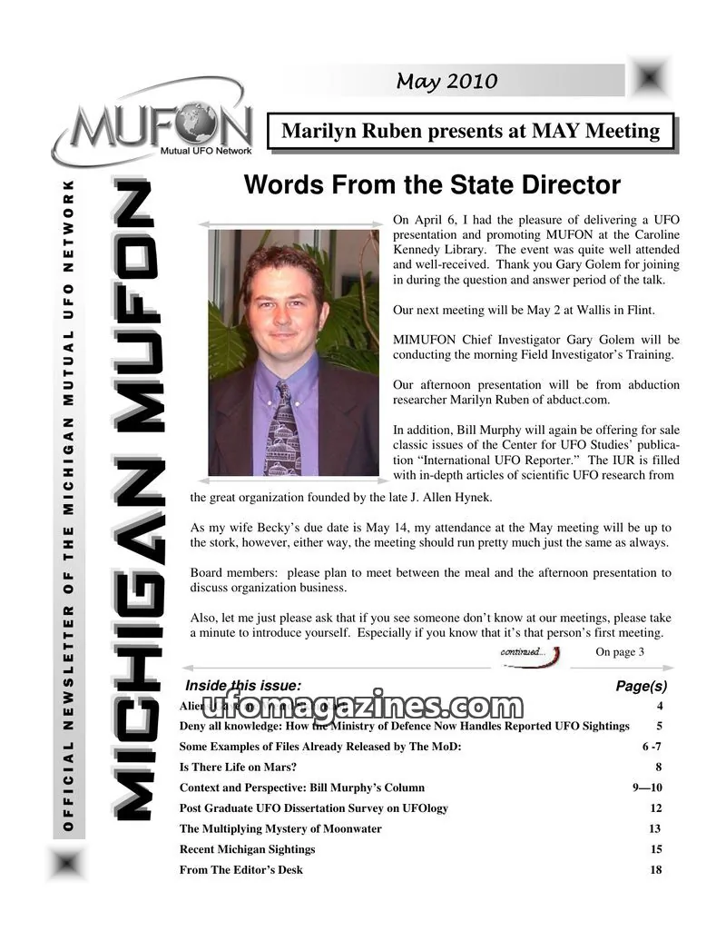 Cover of Michigan Mutual UFO Network issue May 2010: MICHIGAN MUFON