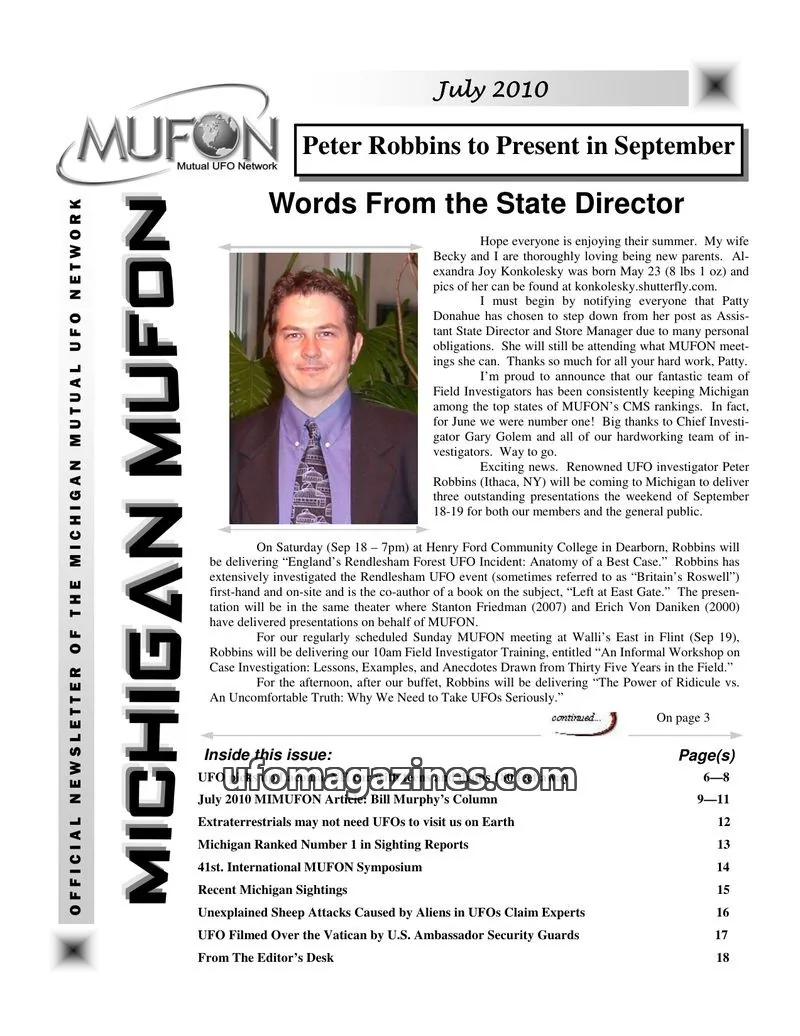 Cover of Mutual UFO Network issue July 2010: MICHIGAN MUFON