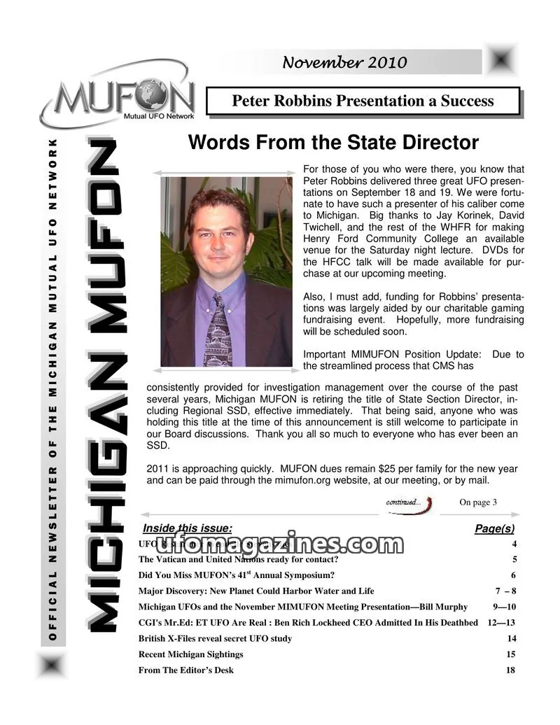 Cover of Mutual UFO Network issue November 2010: MICHIGAN MUFON NEWSLETTER