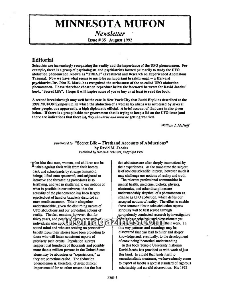 Cover of MUFON Minnesota newsletter issue #35: MINNESOTA MUFON Newsletter
