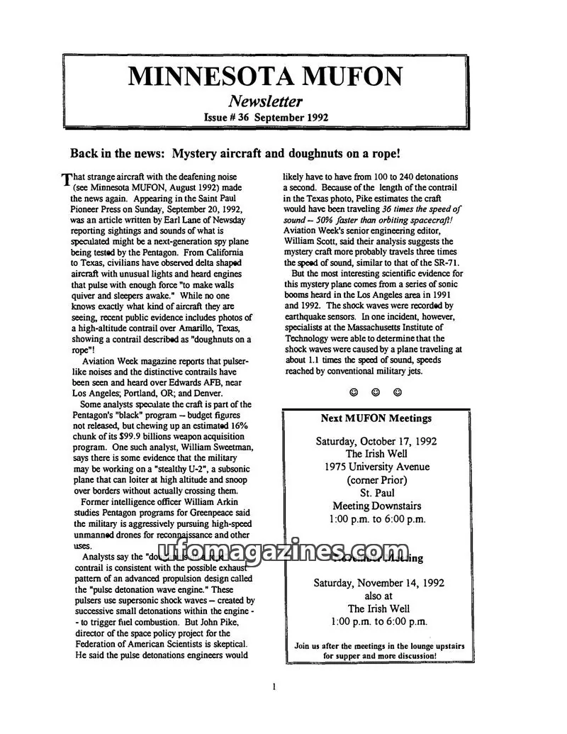 Cover of MUFON Minnesota newsletter issue Issue #36: MINNESOTA MUFON Newsletter