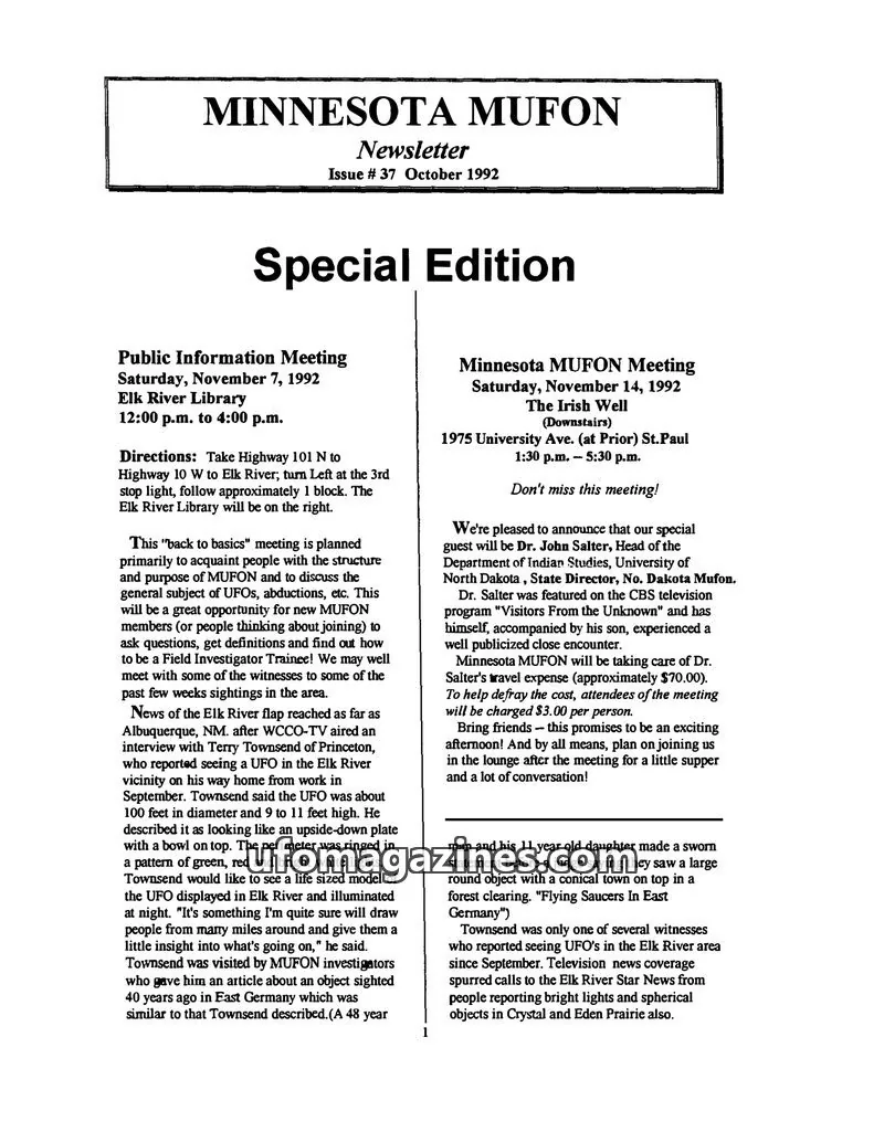 Cover of MUFON Minnesota newsletter issue 37: MINNESOTA MUFON Newsletter