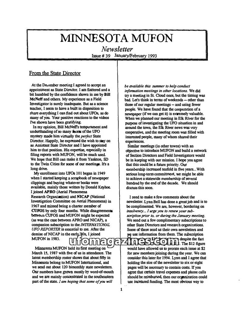 Cover of MUFON Minnesota newsletter issue # 39: MINNESOTA MUFON Newsletter