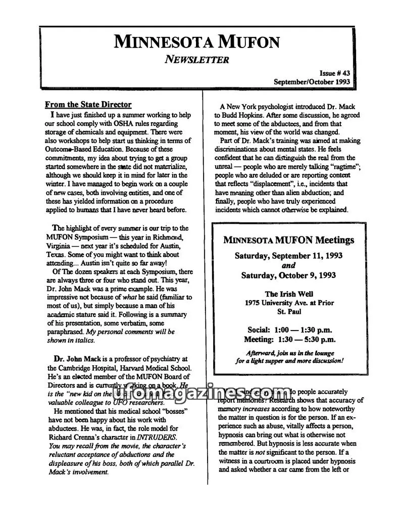 Cover of MUFON Minnesota newsletter issue # 43: MINNESOTA MUFON NEWSLETTER