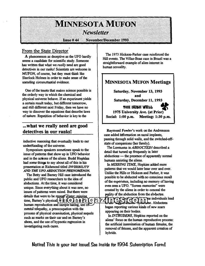 Cover of MUFON Minnesota newsletter issue # 44: MINNESOTA MUFON Newsletter