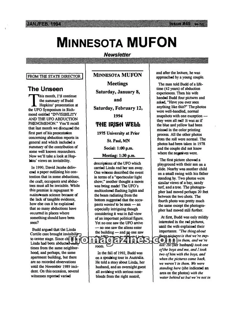 Cover of MUFON Minnesota newsletter issue #45 94-1/2: MINNESOTA MUFON Newsletter