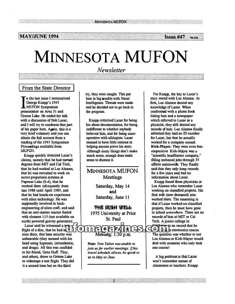 Cover of MUFON Minnesota newsletter issue 47: MINNESOTA MUFON Newsletter