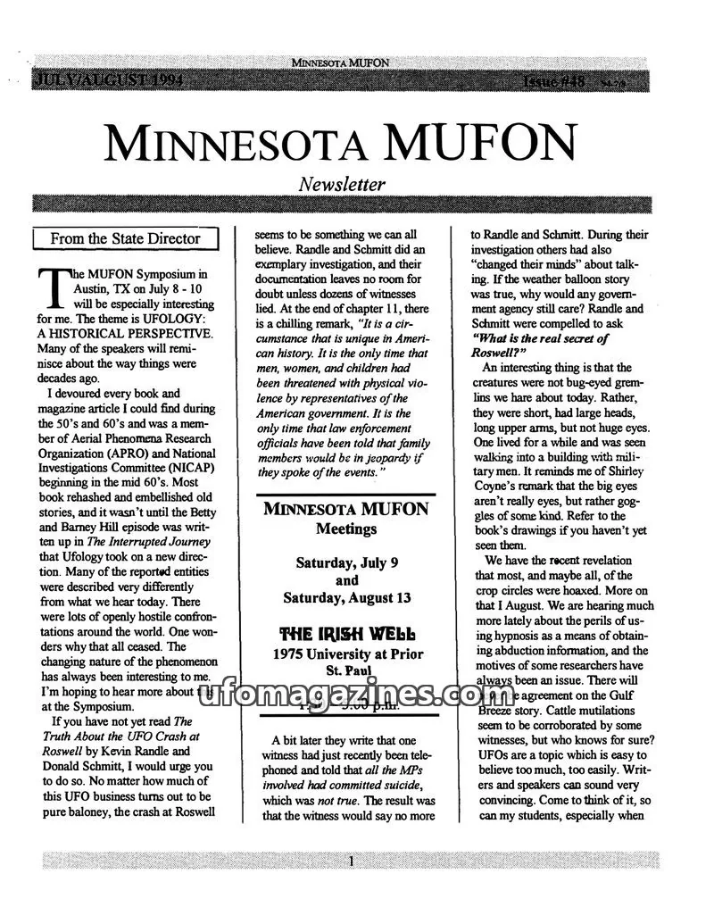 Cover of MUFON Minnesota newsletter issue JULY/AUGUST 1994: MINNESOTA MUFON Newsletter
