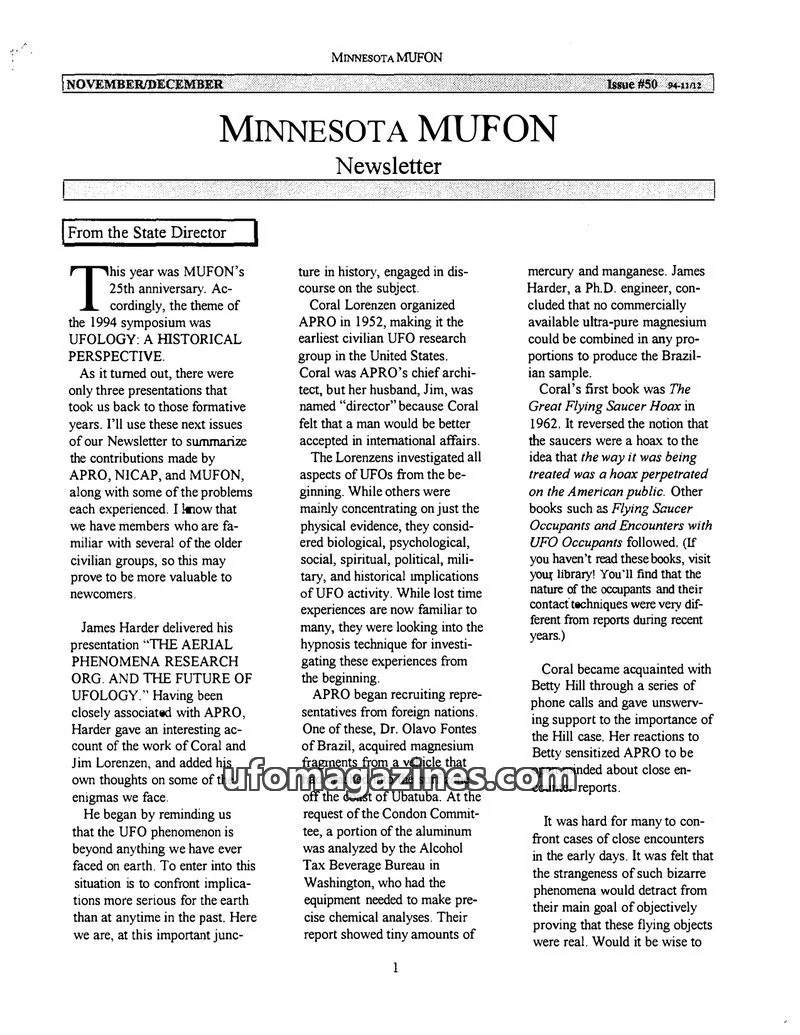 Cover of MUFON Minnesota newsletter issue 50: MINNESOTA MUFON Newsletter