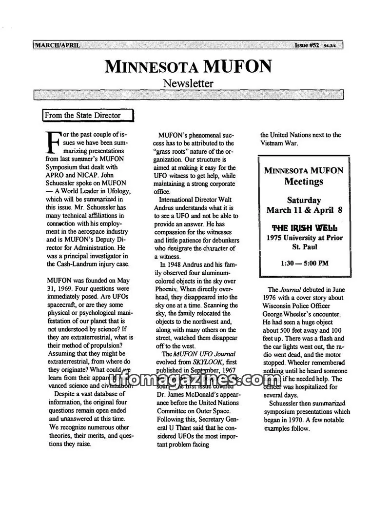 Cover of MUFON Minnesota newsletter issue 52: MINNESOTA MUFON Newsletter