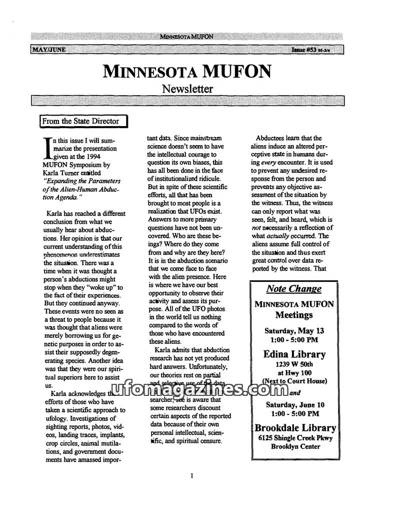 Cover of MUFON Minnesota newsletter issue #53: MINNESOTA MUFON Newsletter