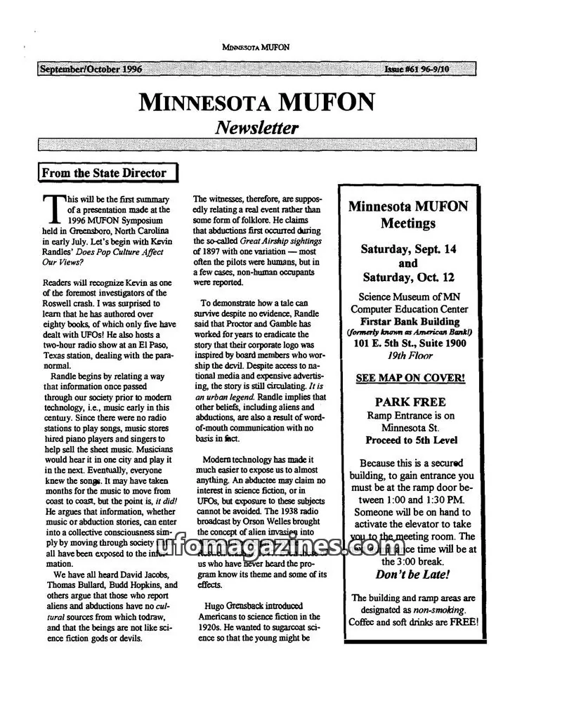 Cover of MUFON Minnesota newsletter issue #61 96-9/10: MINNESOTA MUFON Newsletter