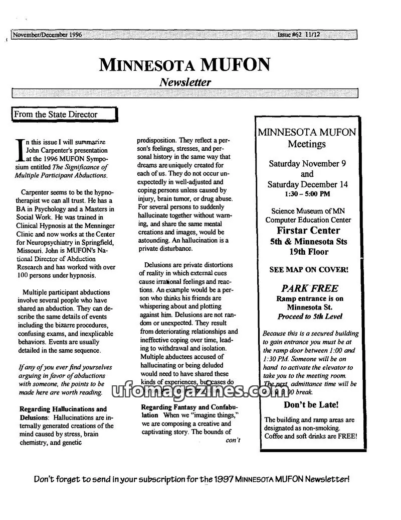 Cover of MUFON Minnesota newsletter issue 62: MINNESOTA MUFON Newsletter