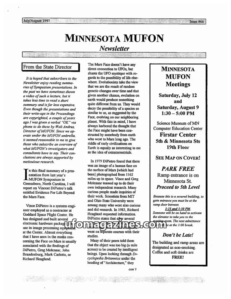 Cover of MUFON Minnesota newsletter issue #66: MINNESOTA MUFON Newsletter