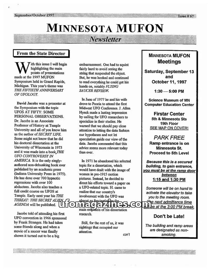 Cover of MUFON Minnesota newsletter issue #67: MINNESOTA MUFON Newsletter