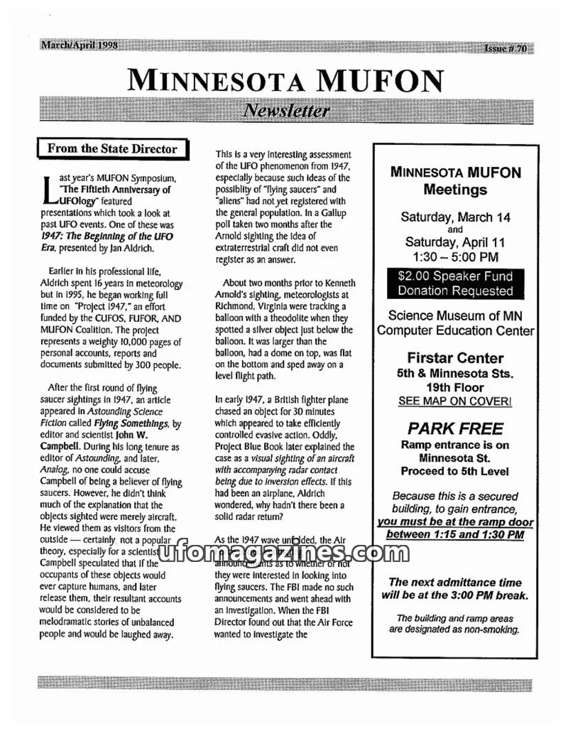 Cover of MUFON Minnesota newsletter issue #70: MINNESOTA MUFON Newsletter