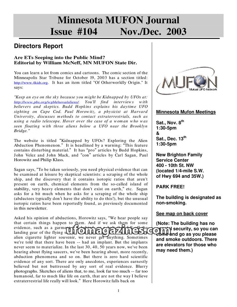 Cover of MUFON Minnesota Journal - No 104