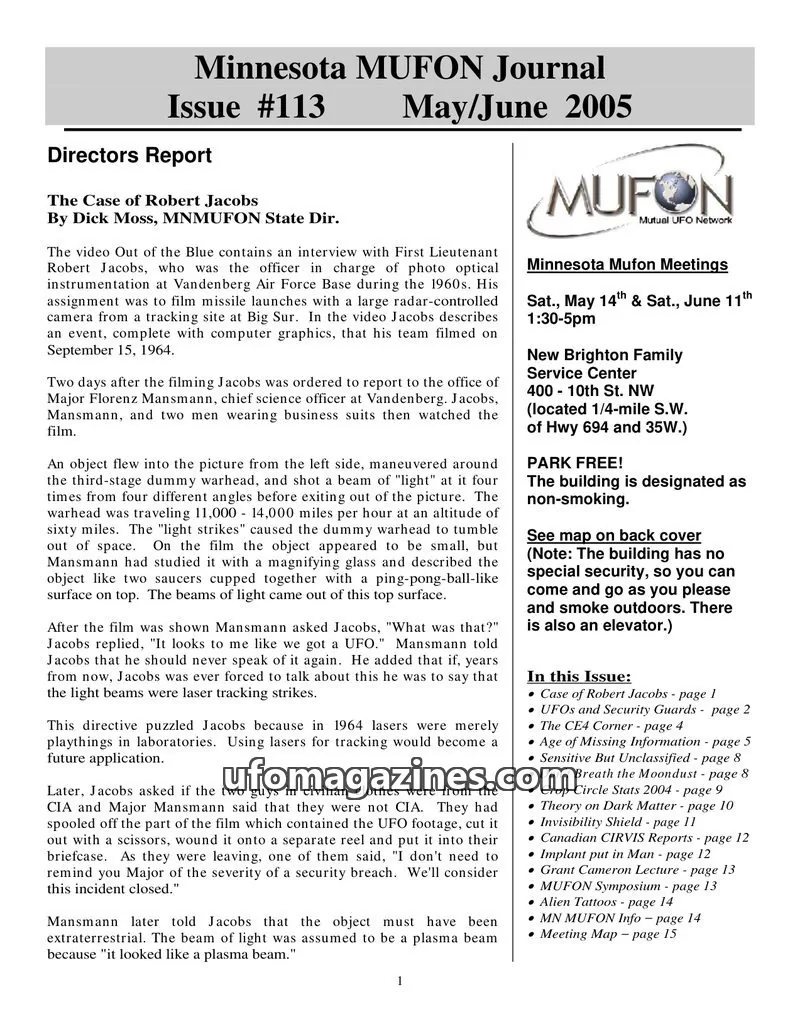 Cover of MUFON Minnesota newsletter issue #113: Minnesota MUFON Journal