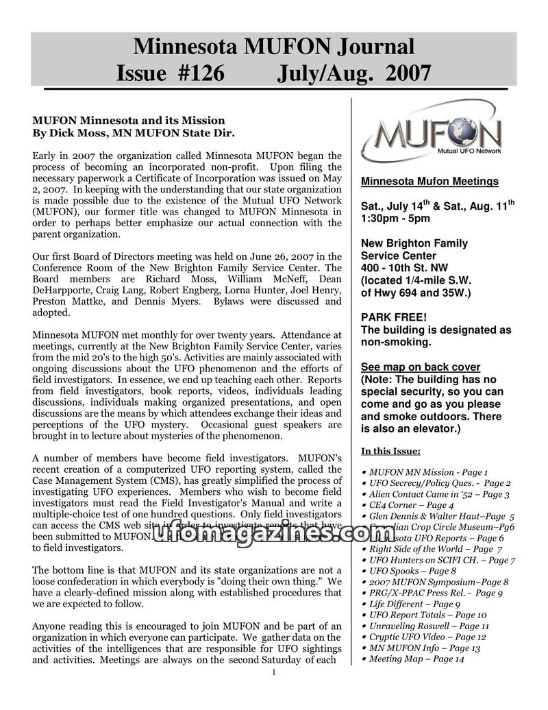 Cover of MUFON Minnesota newsletter issue #126: MUFON Minnesota Journal