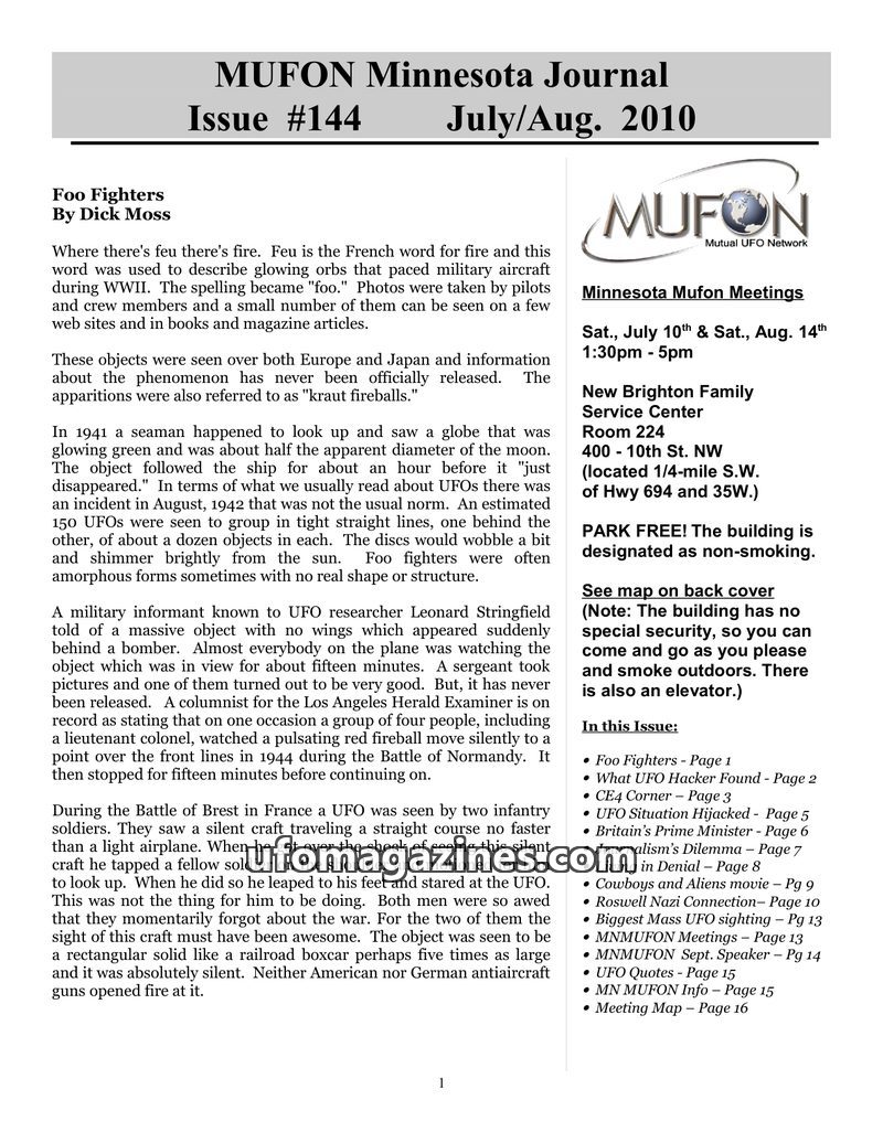 Cover of MUFON Minnesota Journal - No 144
