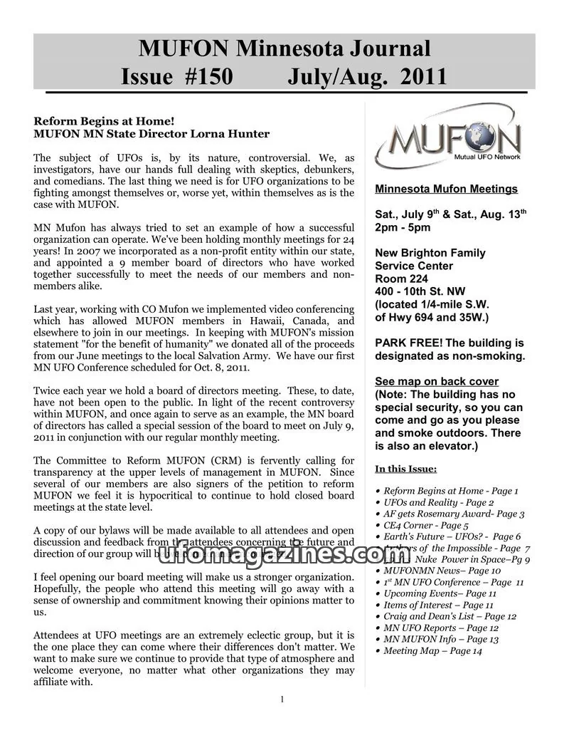 Cover of MUFON Minnesota newsletter issue #150: MUFON Minnesota Journal