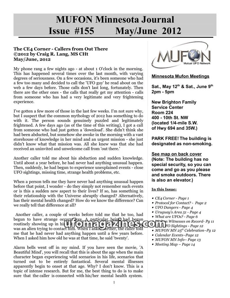 Cover of MUFON Minnesota newsletter issue #155: MUFON Minnesota Journal
