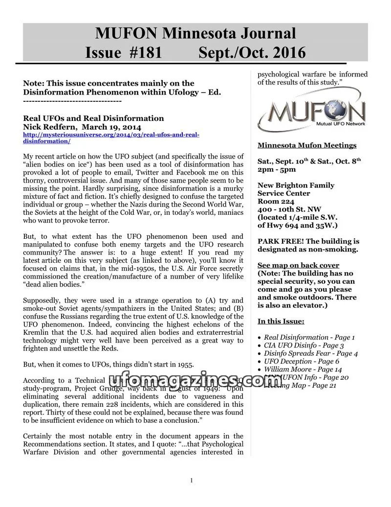 Cover of MUFON (Mutual UFO Network) issue #181: MUFON Minnesota Journal