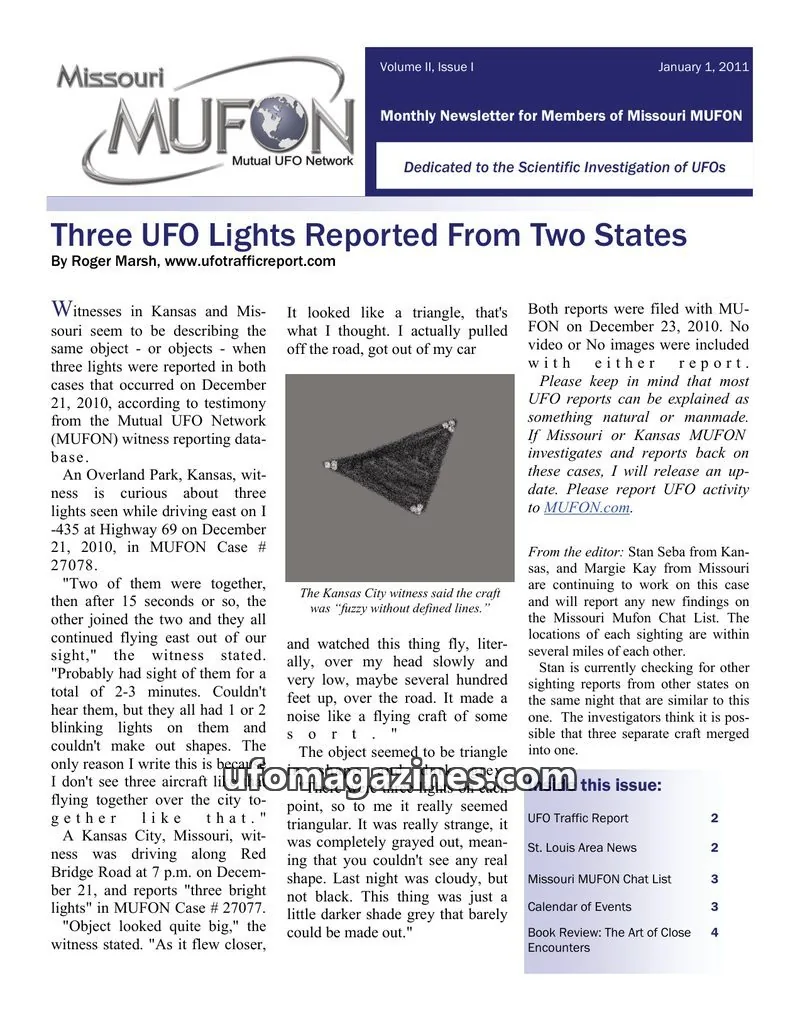 Cover of MUFON Missouri newsletter issue Volume II, Issue I: Missouri MUFON
