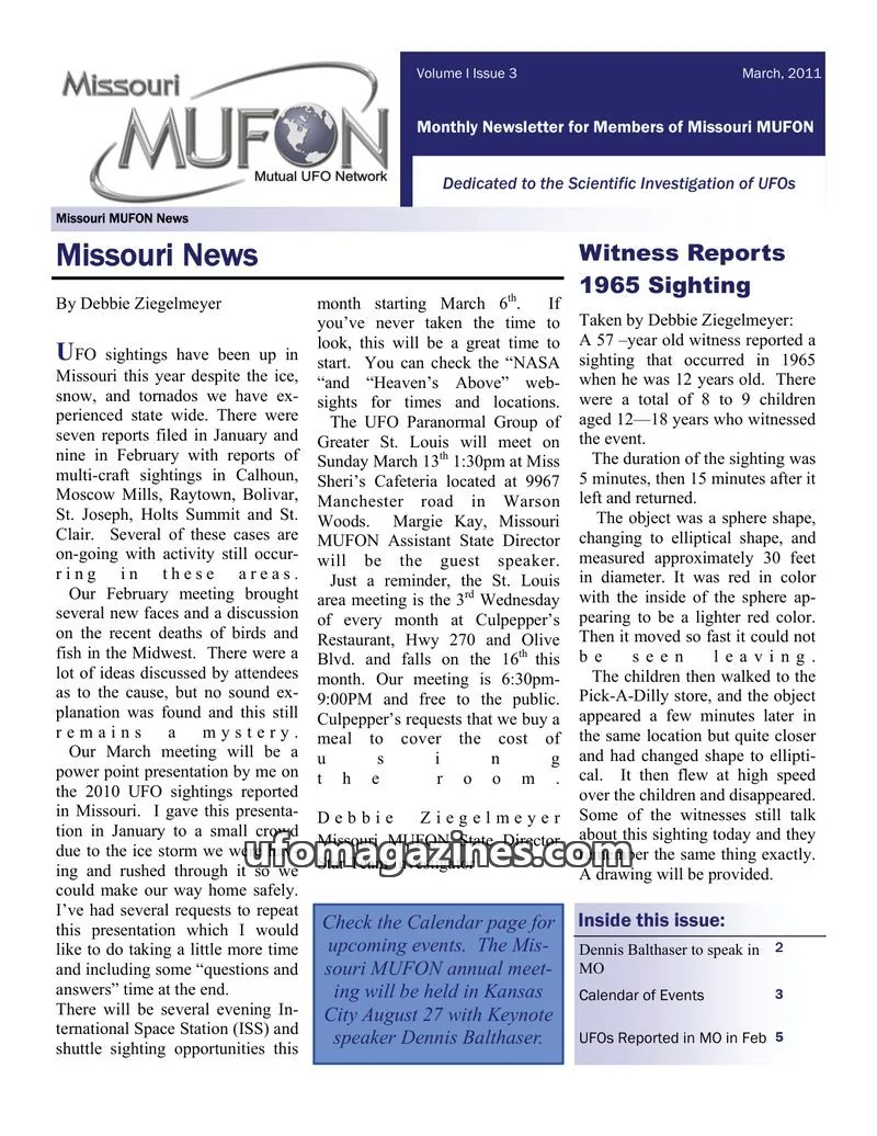 Cover of MUFON Missouri newsletter issue Volume I Issue 3: Missouri MUFON News