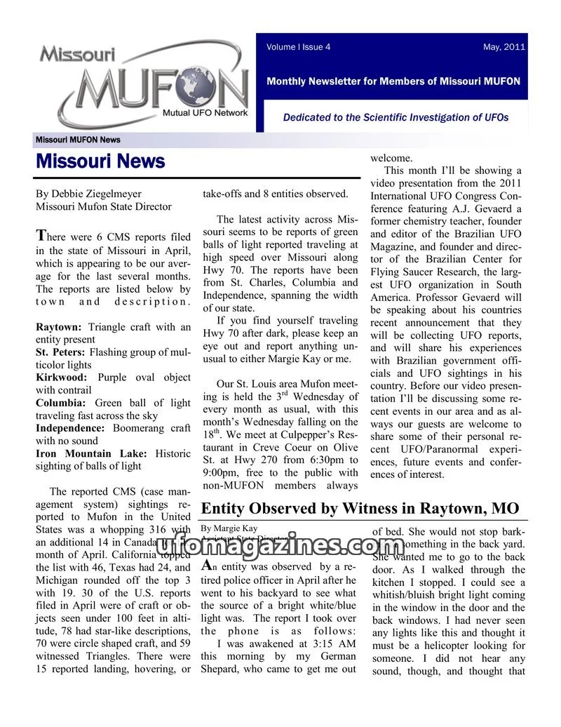 Cover of MUFON Missouri newsletter issue Volume I Issue 4: Missouri MUFON Newsletter