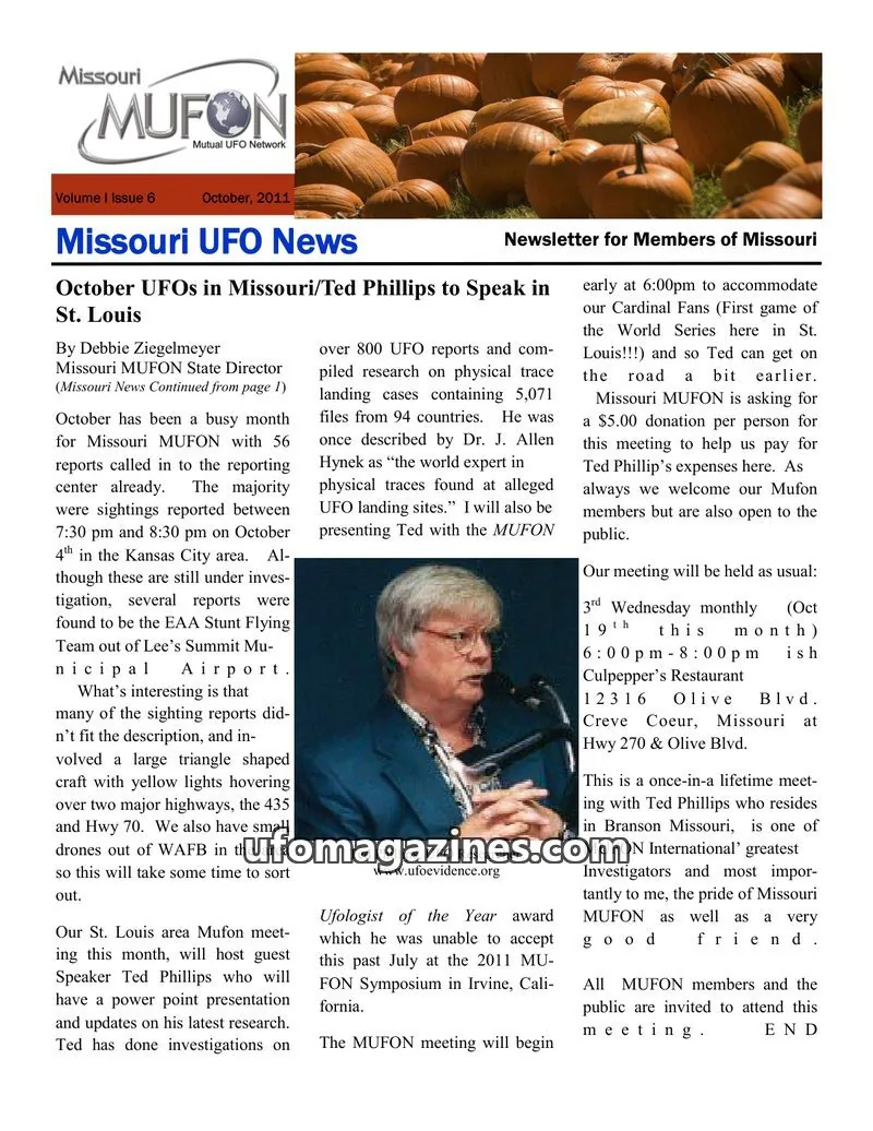 Cover of MUFON Missouri newsletter issue Volume I Issue 6: Missouri UFO News