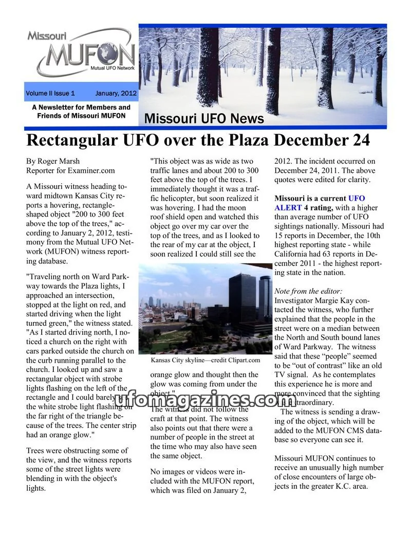 Cover of MUFON Missouri newsletter issue Volume II Issue 1: Missouri MUFON News