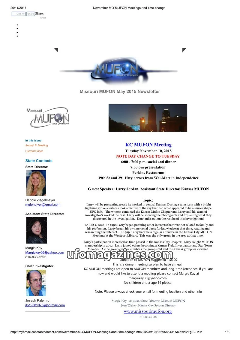 Cover of MUFON Missouri newsletter issue May 2015 Newsletter: November MO MUFON Meetings and time change