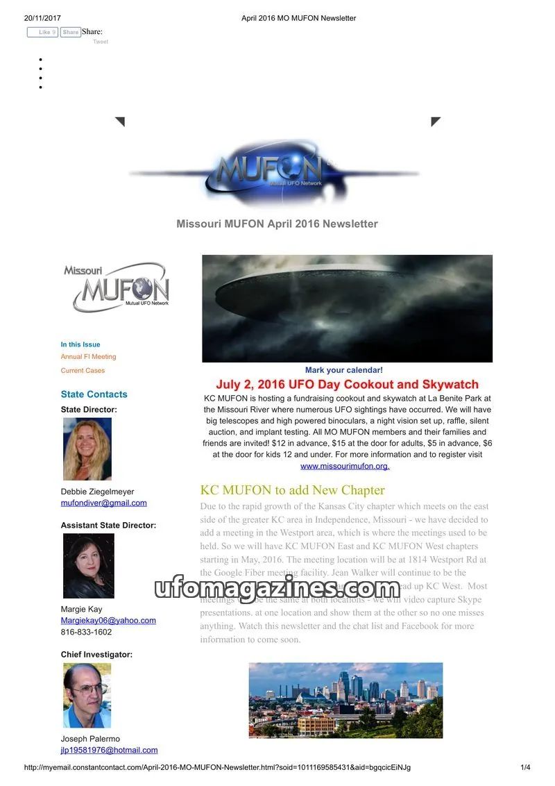Cover of MUFON Missouri newsletter issue April 2016: Missouri MUFON Newsletter