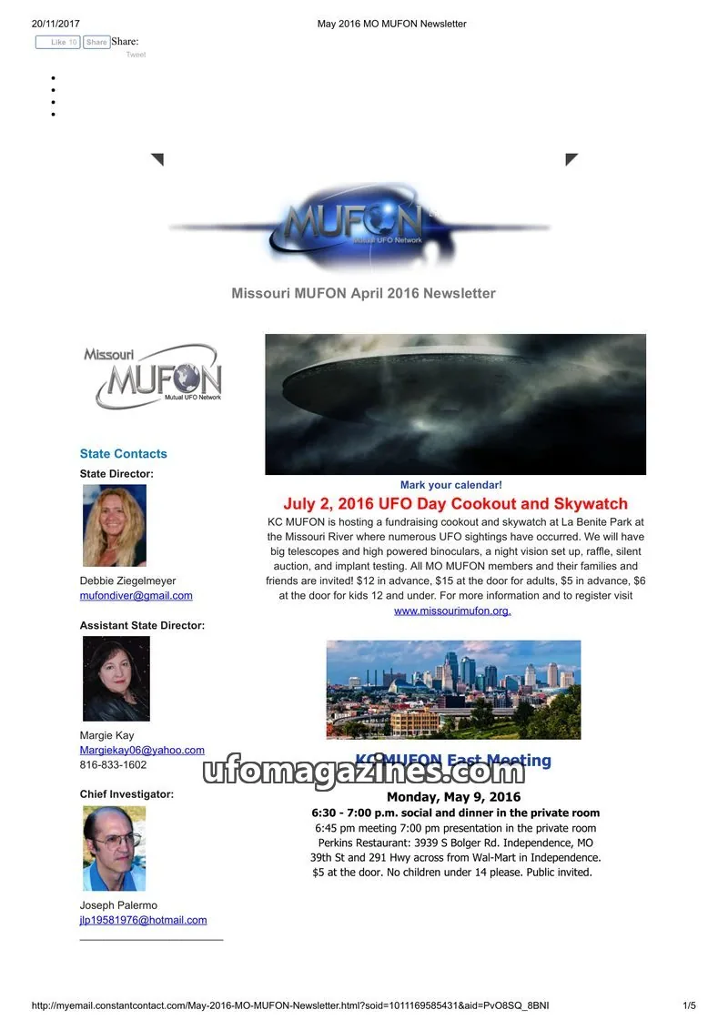 Cover of MUFON Missouri newsletter issue April 2016: MO MUFON Newsletter