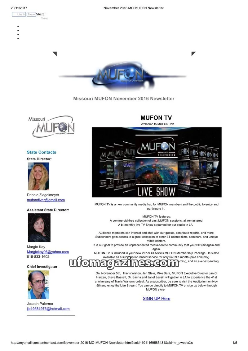 Cover of MUFON Missouri newsletter issue November 2016: Missouri MUFON November 2016 Newsletter