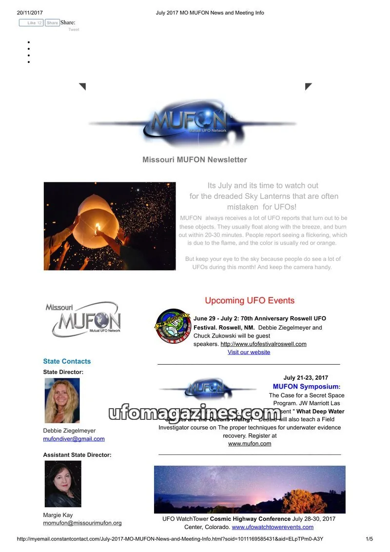 Cover of MUFON issue July 2017: Missouri MUFON Newsletter