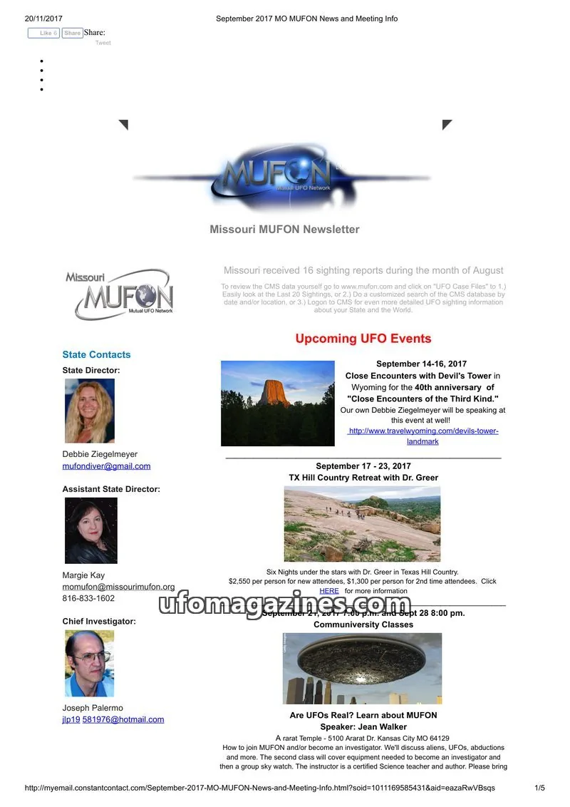 Cover of MUFON Missouri newsletter issue September 2017: Missouri MUFON Newsletter