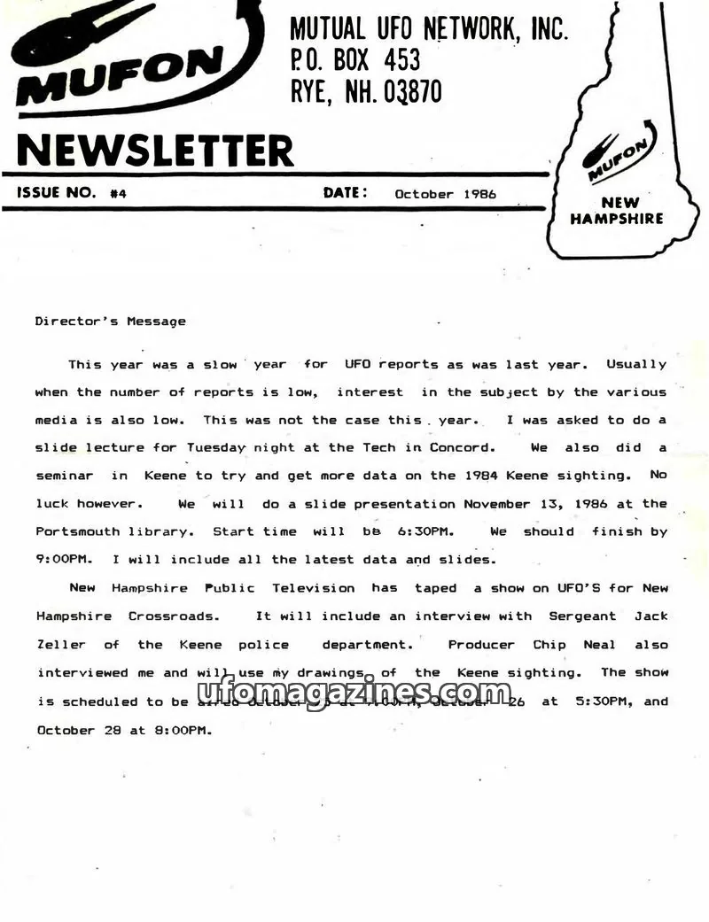 Cover of MUTUAL UFO NETWORK, INC. issue #4: MUFON NEWSLETTER